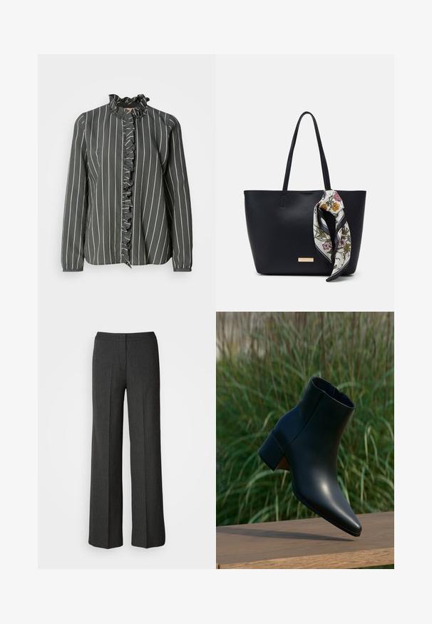 Mos Mosh STRIPE SHIRT - Blúzka so zapínaním na gombíky - urban chic; Svetlé nohavice s širokými nohavicami v tmavošedej farbe, vyrobené z textúrovanej tkaniny. Obsahujú priliehavý pás a jemný prúžkovaný vzor.; Čierna kožená členková čižma s blokovým podpätkom, špicatou špičkou, zobrazená nad dreveným povrchom so zeleným rozmazaným trávnatým pozadím.; Čierna kožená taška s dvoma ramennými popruhmi, s kvetinovou hodvábnou šatkou zaviazanou na rúčke a kovovým logom na prednej strane.