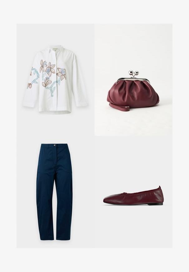 Witte blouse met lange mouwen met bruine en blauwe bloemenborduursels aan de voorkant en op de mouwen, met een klassieke kraag en knoopsluiting.; Marineblauwe broek met een recht model, voorzien van een sluiting met een knoop aan de voorkant, twee zijzakken en een gladde, gestructureerde stofafwerking.; Bordeauxrode leren ballerina met geplooide elastische bovenrand en dunne zwarte zool op witte achtergrond.; Kleine bordeauxrode leren clutch-portemonnee met zilverkleurige metalen sluiting en polsbandje op een witte achtergrond.