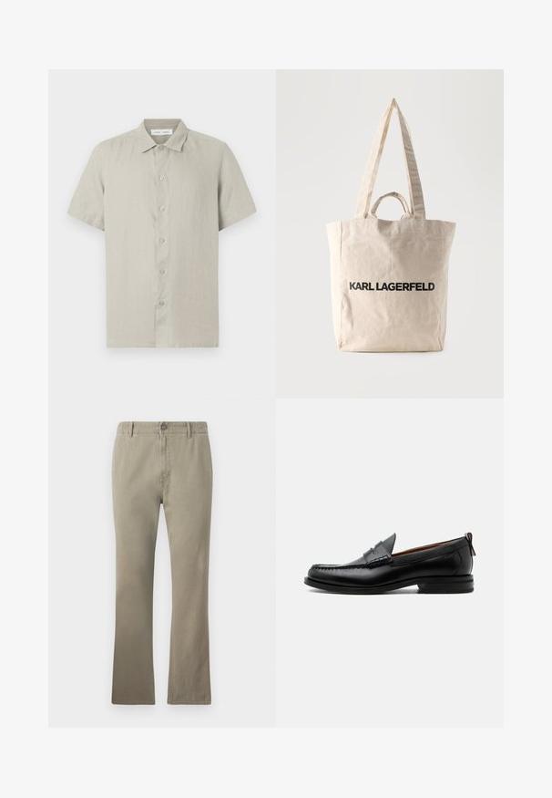 Chemise beige à manches courtes avec col, boutonnée sur le devant, en tissu léger, vue de face sur fond blanc.; Pantalons en coton beige à coupe droite, avec fermeture bouton, passants de ceinture et surface légèrement texturée, adaptés pour un usage décontracté.; Mocassin homme en cuir noir avec couture moc toe, bride penny, col texturé et petit talon empilé sur fond blanc.; Sac fourre-tout en toile beige avec des poignées longues et courtes, présentant le texte "KARL LAGERFELD" imprimé en lettres noires épaisses sur le devant.