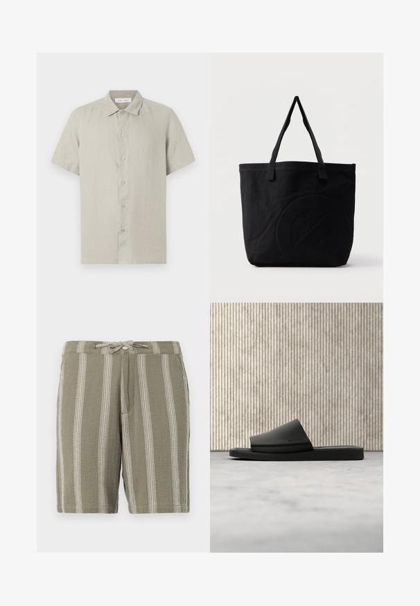Camisa beige de manga corta con botones y cuello, hecha de tela ligera, vista frontal sobre fondo blanco.; Pantalones cortos verdes de tela texturizada, con rayas blancas verticales, una cinturilla ajustable con cordón y bolsillos laterales inclinados.; Sandalia tipo chancla negra de Calvin Klein descansando sobre una alfombra beige junto a una mesa redonda de color ámbar, con un fondo de pared revestida de madera.; Bolsa tote de lona negra con dos correas para el hombro y un diseño circular en relieve sutil en el frente.