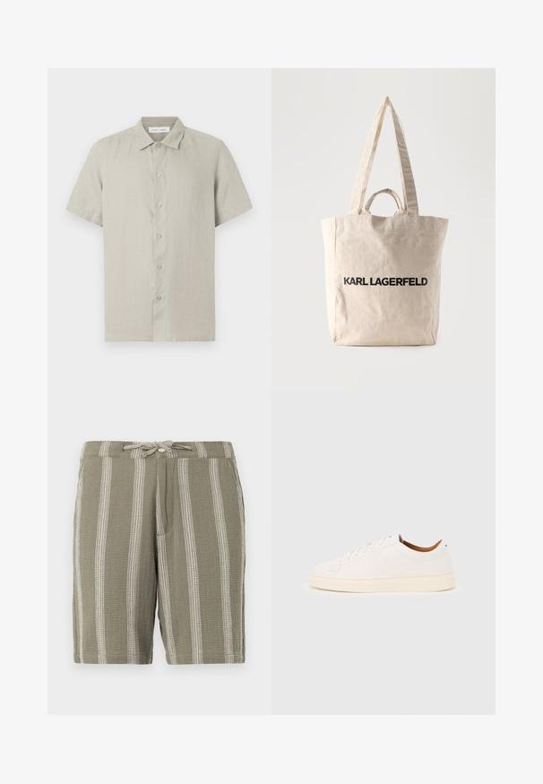 Beige Kurzarm-Hemd mit Knöpfen und Kragen, aus leichtem Stoff, Vorderansicht auf weißem Hintergrund.; Grüne Shorts aus strukturiertem Stoff mit vertikalen weißen Streifen, einem verstellbaren Kordelzugbund und schrägen Seitentaschen.; Weißer Sneaker mit niedrigem Schaft und Schnürdesign, minimalen Nähten und einer cremefarbenen Sohle auf hellgrauem Hintergrund.; Beige Leinwand-Shopper mit langen und kurzen Griffen, auf der Vorderseite mit dem Aufdruck "KARL LAGERFELD" in fetten schwarzen Buchstaben.