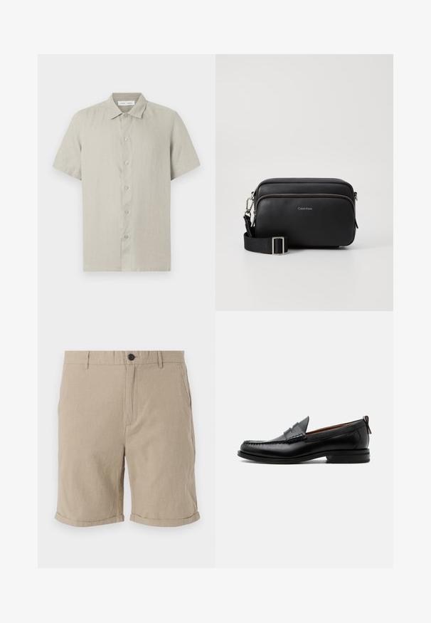 Chemise beige à manches courtes avec col, boutonnée sur le devant, en tissu léger, vue de face sur fond blanc.; Shorts en lin beiges avec fermeture à bouton, devant plat, poches latérales et ourlets roulés, présentant un tissu texturé pour la respirabilité.; Mocassin homme en cuir noir avec couture moc toe, bride penny, col texturé et petit talon empilé sur fond blanc.; Sac en cuir noir à bandoulière avec deux compartiments zippés, finition texturée, sangle ajustable et accents en métal argenté. Logo Calvin Klein affiché.