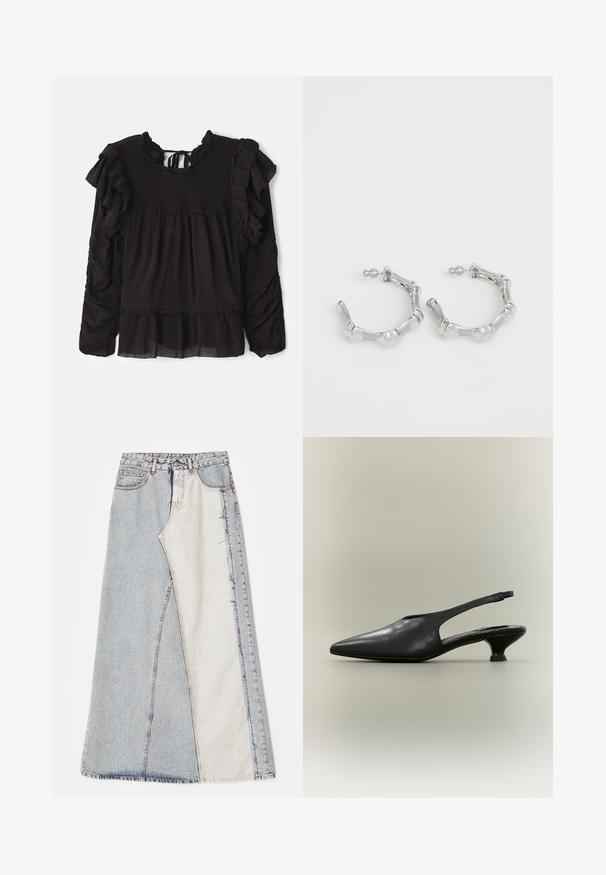 Schwarze Bluse mit Rüschendetails, gerafftem Stoff am Oberteil, langen Ärmeln und einem gestuften Saum mit transparenten Stoffelementen.; Jeansrock mit einem Patchwork-Design in hell- und mittelblauen Abschnitten, ausgefransten Säumen und hoher Taille. Klassischer Fünf-Taschen-Stil.; Schwarzer Slingback-Schuh aus Leder mit spitzer Zehenpartie und niedrigem Kitten-Heel vor neutralem Hintergrund.; Silberne Creolen mit einem strukturierten, unregelmäßigen Design. Hergestellt aus Metall, verfügen sie über einen sicheren Postverschluss und ein glänzendes Finish.