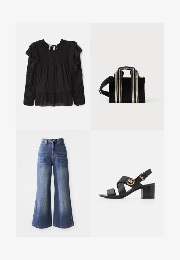 Blusa negra con acentos fruncidos, textura smock en el bodice, mangas largas y un dobladillo escalonado con detalles de tela transparente.; Jeans de denim de pierna ancha en azul medio, con una cintura alta, diseño de cinco bolsillos y costuras en contraste a lo largo de los dobladillos y los lados.; Sandalia de cuero negra con correas entrelazadas y un logo redondo de MK. El tacón es de altura media, proporcionando estabilidad y un diseño elegante.; Bolso tote negro de lona con dos asas superiores y una correa de hombro a rayas desmontable. Presenta rayas contrastantes en color marrón claro a los lados.