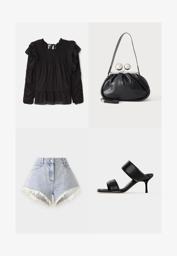 Schwarze Bluse mit Rüschendetails, gerafftem Stoff am Oberteil, langen Ärmeln und einem gestuften Saum mit transparenten Stoffelementen.; Hellblaue Denim-Shorts mit einem ausgefransten Saum und weißen Akzenten, ausgestattet mit einem vorderen Knopfverschluss und zwei Gesäßtaschen.; Schwarze Leder-Mule-Sandale mit zwei breiten Riemen und einem schlanken, mittelhohen Stilettoabsatz auf einem schlichten hellen Hintergrund.; Schwarze Ledertasche mit gerafftem Design, einem einzelnen Riemen, silbernem Metallrahmen und zwei großen runden silbernen Verschlüssen.
