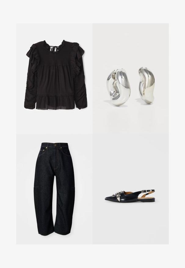 Sort bluse med flæse detaljer, smocket tekstur ved bærestykket, lange ærmer og en lagdelt kant med gennemsigtig stof detalje.; Mørke denim jeans med en afslappet pasform, der har diskret orange syninger, forlommer og en flad talje med en knaplukning.; Sort lædersandal med spids tå, prydet med sølvhardware og bladdetaljer. Flad sål med stribede indvendige accenter.; Sølvskulpturelle øreringe med glatte, buede former og reflekterende overflader. Har et lukket hoop-design og en markant organisk form.