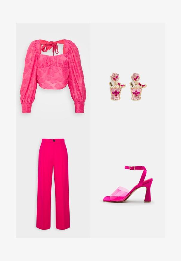Hofmann Copenhagen LAURA - Bluse - hot pink; Fuchsia brede bukser med høj talje, frontfald og en enkelt sort knaplukning. Glat tekstur og skræddersyet design.; Lyserød hælsandal med en klar plastikrem, åben tå-design og en slank blokhæl, med en spænde ankelrem.; Pieces PCCAROLINE EARRINGS - Øreringe - gold-coloured/pink