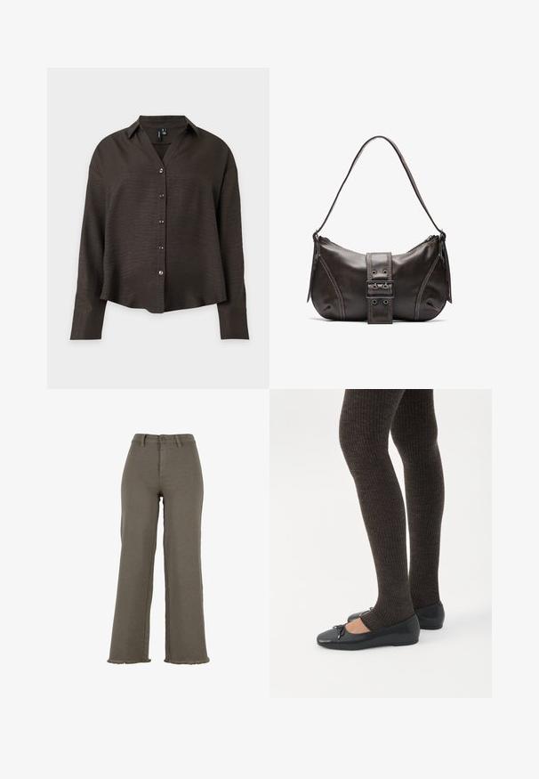 Donkerbruine blouse met lange mouwen, knopen, kraag en gestructureerde stof, getoond tegen een effen lichte achtergrond.; Wijde broek met hoge taille in olijfgroen, met knoop- en ritssluiting, riemlussen en gefraaide zoom.; Benen met donkere geribbelde leggings gecombineerd met zwarte ballerina's met kleine strikdetails op een witte achtergrond.; Bruine leren schoudertas met een gebogen vorm, voorzien van een opvallende gespdetail, contrasterende stiksels en een enkele schouderband.