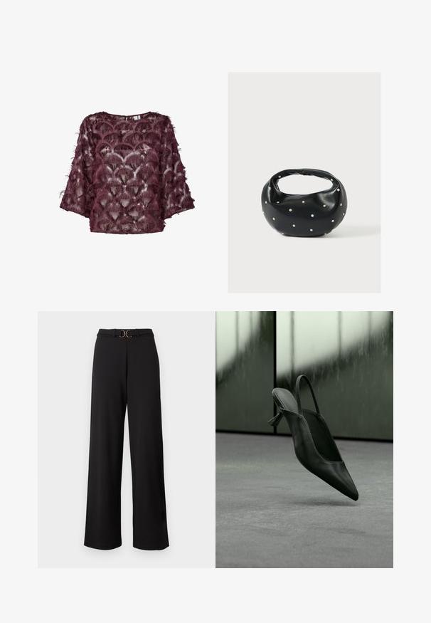Burgunderfarbige transparente Bluse mit strukturierten, federartigen Verzierungen, runder Ausschnitt und weiten Ärmeln. Das Muster ähnelt Muscheln.; Schwarze High-Waist-Hosen mit weitem Bein, versehen mit einem Stoffgürtel und einer goldfarbenen Metallschnalle in der Taille.; Schwarzer Slingback-Highheel aus Leder mit spitzer Schuhspitze, schwebt über grauem Teppichboden, unscharfer grünlicher Wandhintergrund.; Schwarze Lederhandtasche mit abgerundeter Form, verziert mit silbernen Nietenakzenten und kurzem Griff. Glatte Struktur und Reißverschlussverschluss.