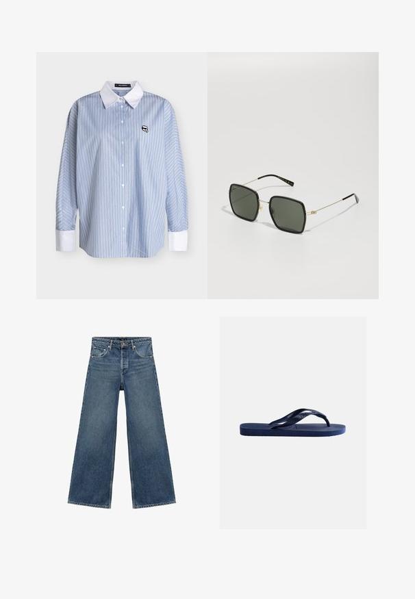 Blauw-wit verticaal gestreept overhemd met knopen, met witte kraag en manchetten, met een klein zwart-wit logo op de borst.; Blauwe denim wijde been jeans met een sluiting met knoop en rits aan de voorkant, vijf zakken en riemlussen.; Marineblauwe rubberen teenslipper met een gestructureerde zool en Y-vormig bandje op een effen lichte achtergrond.; Zwarte rechthoekige zonnebril met groene lenzen, gouden metalen accenten, dunne pootjes en een plastic zwarte montuur. Opvallend logo-detail op de lens.