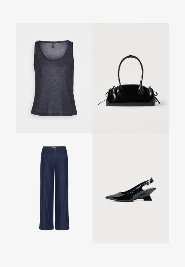 Top sin mangas de color azul marino, hecho de un tejido ligero y texturizado, con un escote redondo y un corte general relajado. No se mencionan detalles de diseño adicionales.; ICHI IHFlared - Vaqueros a campana - dark blue; Zapato slingback de cuero charol negro con puntera puntiaguda y tacón bajo en bloque inclinado sobre fondo claro liso.; Pequeño bolso negro brillante con dos asas largas y detalles de cordón lateral sobre un fondo claro liso.