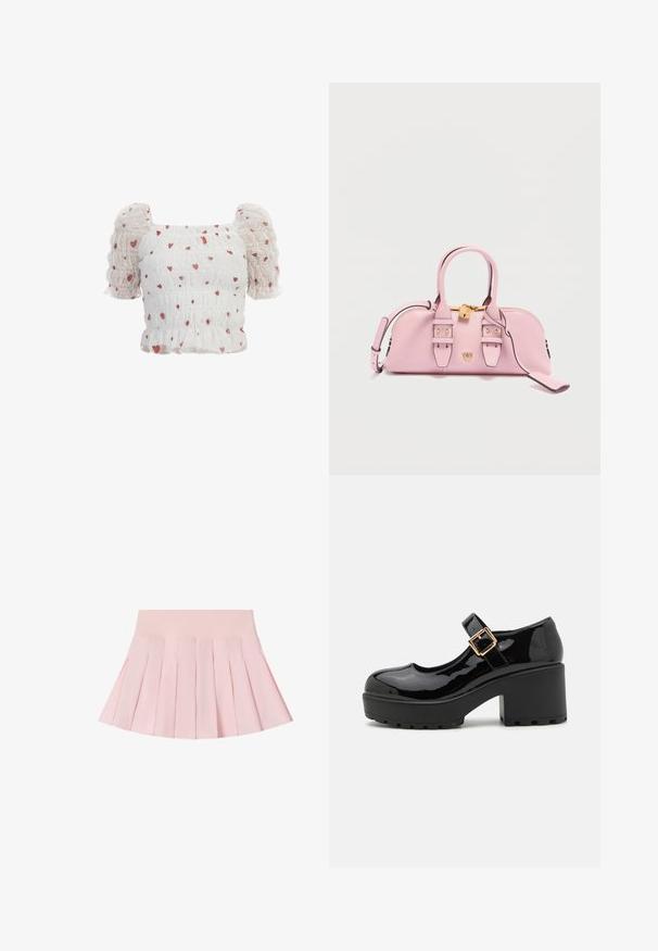 Valkoinen pörheähiha blouse, jossa on kootut rinnanympärykset, punaisilla sydänkuvioilla ja pistekuosisella pinnalla. Lyhyet, röyhelöhihat korostavat muotoilua.; Vaaleanpunainen, laskostettu hame, jossa on leveä vyötärönauha ja joka levenee alaosastaan, esitettynä valkoisella taustalla.; Musta patentoitu kangas Mary Jane -kengät, joissa on paksu, rakenteellinen korko ja koristeellinen metallisolki remmissä.; Vaaleanpunainen nahkainen käsilaukku, jossa on kullanväriset metalliosat, kaksinkertaiset kahvat ja säädettävä olkahihna. Koristeelliset hihnat ja vetoketjukiinnitys. Kompakti muotoilu.
