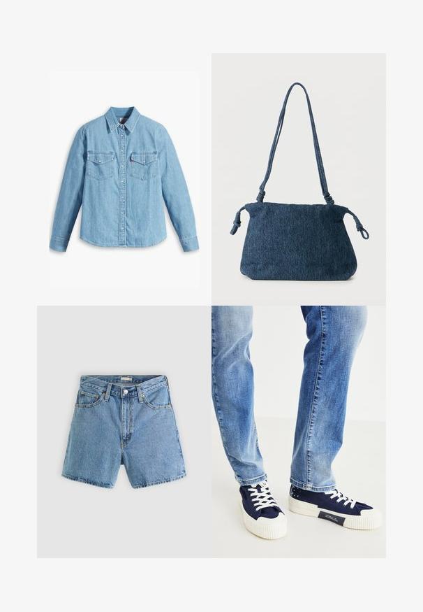 Chemise en denim bleu clair à manches longues, col pointu, deux poches poitrine, patte de boutonnage et texture subtile. Pas de motifs visibles.; Short en denim bleu clair avec bouton et fermeture éclair à l'avant, passants de ceinture, et design à cinq poches sur un fond uni.; Baskets en toile bleu marine avec semelles et lacets en caoutchouc blancs. Rayures blanches notables sur la semelle et accents à motif au niveau du talon.; Sac d'épaule en denim bleu foncé avec extrémités de sangle nouées et forme rectangulaire simple sur fond blanc.