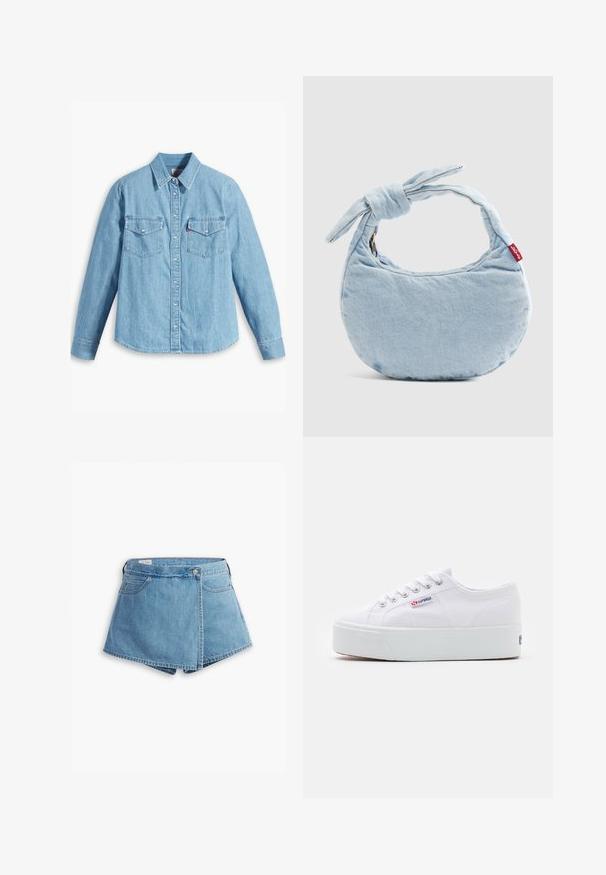 Helles blaues Denimhemd mit langen Ärmeln, spitzem Kragen, zwei Brusttaschen, Knopfleiste und subtiler Struktur. Keine sichtbaren Muster.; Hellblaue Jeansshorts mit Wickeldesign, Fronttaschen und Metallknopfverschluss. Glatte Textur mit genähten Kanten.; Weiße Leinenschuhe mit einer dicken weißen Plattformsohle, runder Zehenpartie und Metallösen für die Schnürsenkel. Markenlogo an der Seite angebracht.; Hellblaue Jeans-Schultertasche mit Knoten-Detail am Griff und einem kleinen roten Levi's-Tag an der Seite.