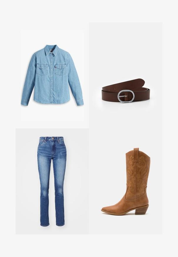 Lichtblauwe spijker blouse met lange mouwen, puntige kraag, twee borstzakken, knoopsluiting en subtiele textuur. Geen zichtbare patronen.; Blauwe denim jeans met een rechte pasvorm, hoge taille en subtiele vervaging. Beschikt over een knoopsluiting en een klassieke vijf-pocket stijl. Textuur is soepel.; Tan leren cowboylaars met puntige neus, geborduurde spiraalpatronen op de schacht en een gestapelde blokhak. Voorzien van een trekband voor gemakkelijke aan- en uittrekken.; Bruine lederen riem met een metalen ronde gesp, een gladde textuur, een serie gaatjes voor verstelbaarheid en een minimalistisch ontwerp.