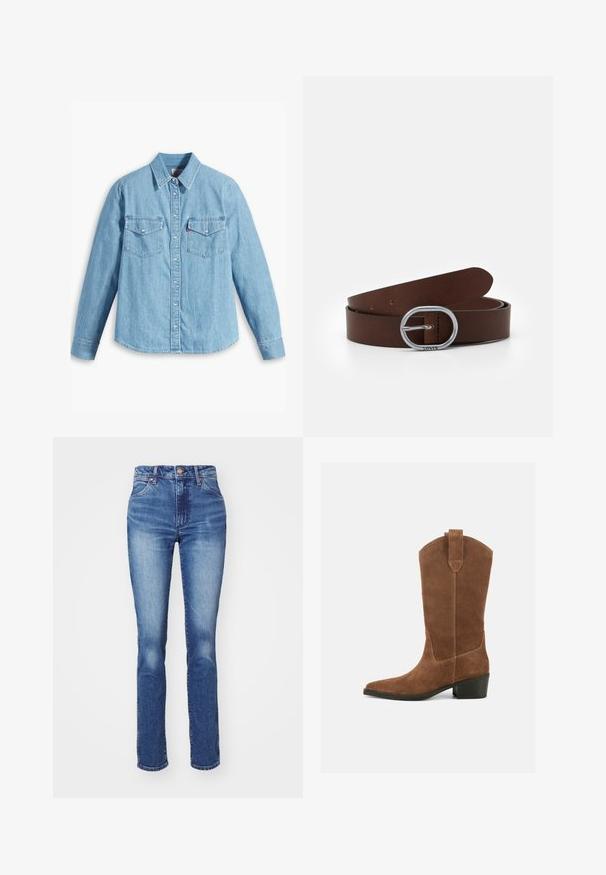 Lyseblå denimskjorte med lange ærmer, spidse krave, to brystlommer, knaplukning og subtil tekstur. Ingen synlige mønstre.; Blå denimjeans med lige pasform, høj talje og subtil bleget effekt. Har knaplukning og klassisk fem-lomme design. Teksturen er glat.; Brun ruskind midt-på-læggen westernstøvle med spids tå, trækflig øverst og lav sort stablet hæl mod ensfarvet baggrund.; Brun læderbælte med en metallisk cirkulær spænde, glat tekstur, en række huller til justering og minimalistisk design.
