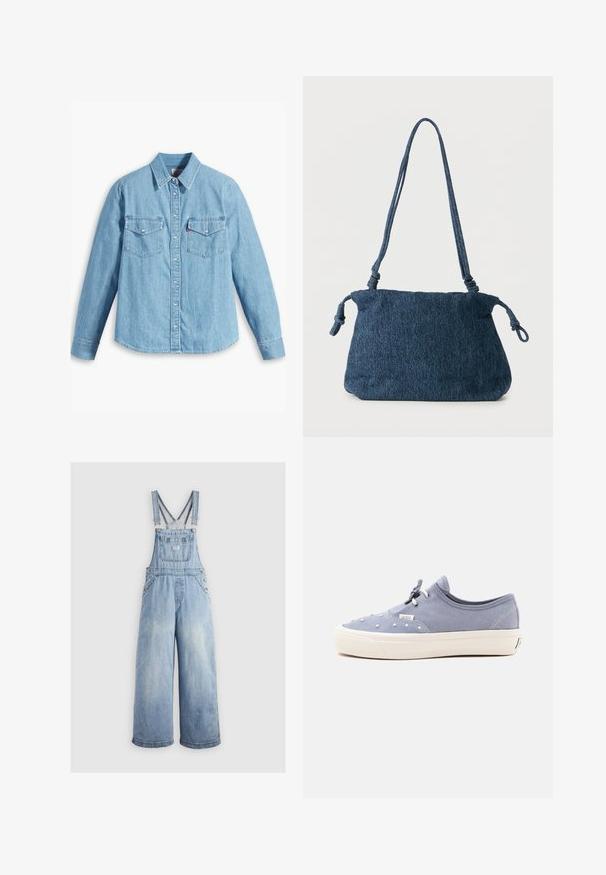 Lyseblå denimskjorte med lange ærmer, spidse krave, to brystlommer, knaplukning og subtil tekstur. Ingen synlige mønstre.; Lyseblå denim overalls med brede ben, justerbare skulderstropper, frontlomme og metalbuttons på siderne. Klassisk stil med en afslappet pasform.; Lyseblå Vans lav-top sneaker med hvid gummisål, hvide snørehuller, sorte snørebånd og små hvide prikker som pynt på overdelen.; Mørkeblå denim skuldertaske med knyttede stropender og en enkel rektangulær form mod en hvid baggrund.