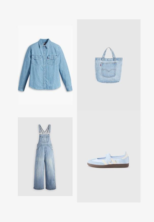 Lichtblauwe spijker blouse met lange mouwen, puntige kraag, twee borstzakken, knoopsluiting en subtiele textuur. Geen zichtbare patronen.; Lichtblauwe denim overall met wide benen, verstelbare schouderbanden, een voorzak en metalen knopen aan de zijkanten. Klassieke stijl met een ontspannen pasvorm.; Lichtblauwe sneaker met klittenbandsluiting, crèmekleurige strepen aan de zijkanten, zachte stoffen bovenzijde, gestructureerde bruine rubberen zool.; Lichtblauwe denim boodschappentas met dubbele handvatten en voorvak met oranje stiksels en een klein rood stoffen label.