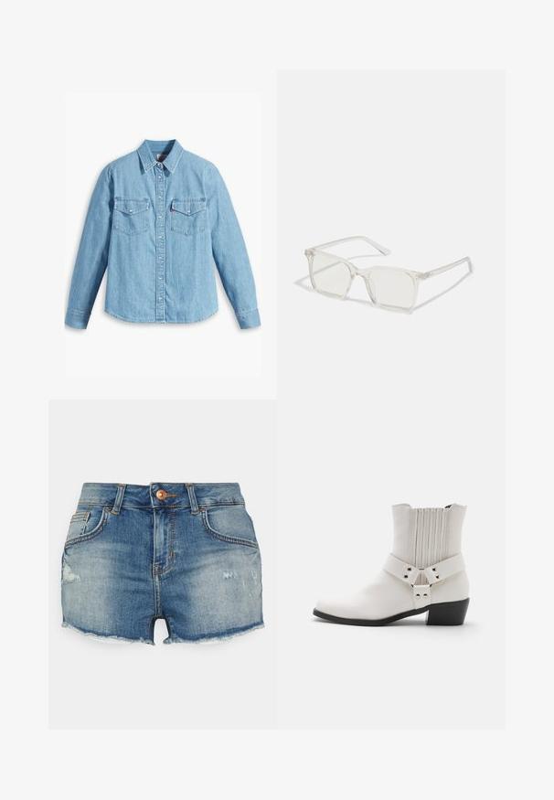 Chemise en denim bleu clair à manches longues, col pointu, deux poches poitrine, patte de boutonnage et texture subtile. Pas de motifs visibles.; LTB PAMELA - Short en jean - lelia; Bottine en cuir blanc avec un bout légèrement pointu, un détail froncé à l'arrière et une large sangle avec une boucle au niveau de la cheville.; Lunettes carrées en plastique transparent avec des verres translucides, dotées d'accents dorés sur les branches pour plus de détails.
