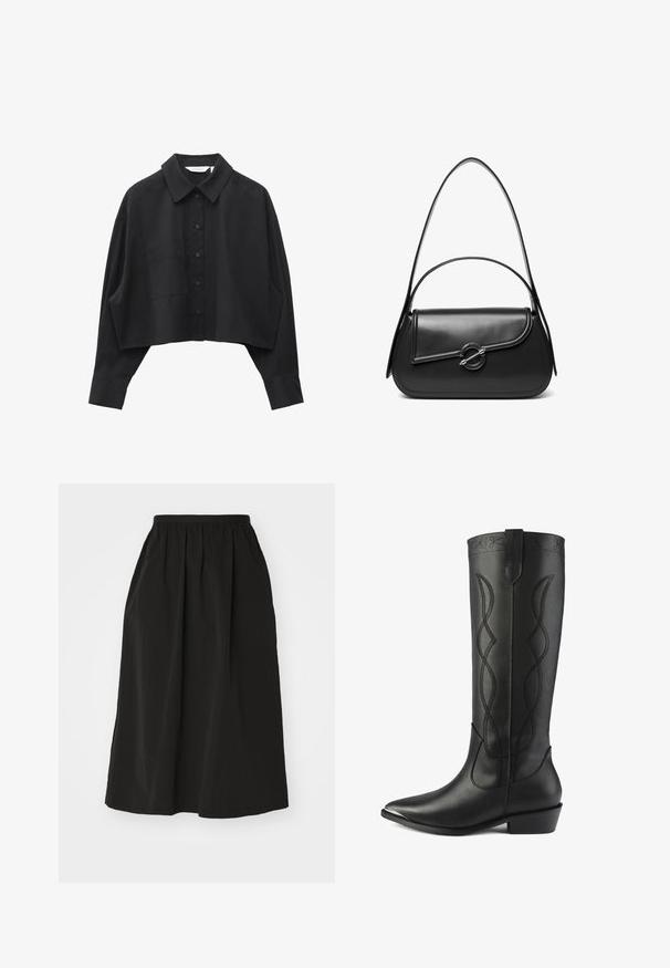 Sort cropped langærmet skjorte med spids krave, knaplukning foran og enkelt brystlomme, vist på hvid baggrund.; Sort maxiskørt lavet af letvægtsstof, med elastisk talje, plisseret design og glat overflade. Ingen synlige mønstre eller accenter.; Høje sorte læderstøvler har en spids tå, blokhæls og dekorativ syning med sammenflettede linjer langs skaftet.; Sort skuldertaske i læder med en buet klap, der er fastgjort med en rund metal spænde, og en slank, justerbar rem.