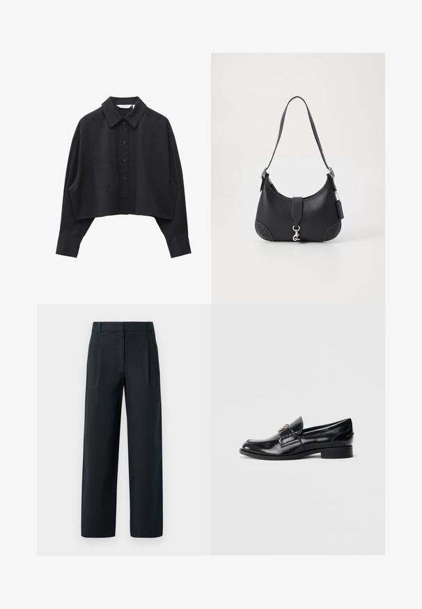 Chemise noire courte à manches longues avec col pointu, fermeture à boutons devant et une poche poitrine unique, présentée sur fond blanc.; Pantalon noir ajusté avec une coupe droite, présentant des plis avant, une texture lisse et des passants de ceinture. Pas de poches visibles.; Mocassin en cuir noir brillant avec petit talon et emblème métallique décoratif sur le cou-de-pied, présenté de profil sur fond blanc.; Sac à main en cuir noir de forme courbe, avec une poignée supérieure, des éléments en métal argenté et des surpiqûres contrastantes. Il présente une sangle à l'avant et des détails de surpiqûres.