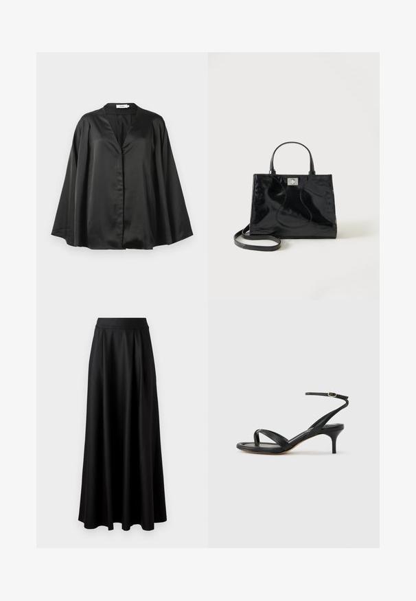 Zwarte zijden blouse met lange, brede mouwen en een diepe V-hals, weergegeven tegen een effen witte achtergrond.; Zwarte rok tot op de vloer met een gladde textuur, brede tailleband en geplooid ontwerp, zonder zichtbare patronen of versieringen.; Zwarte leren dames sandaal met dunne bandjes, een teengreep, een enkelgesp en een stilettohak van gemiddelde hoogte op een neutrale achtergrond.; Zwarte handtas van lakleer met afgeronde handgrepen, een afneembare schouderriem en zilveren sluiting op een effen witte achtergrond.