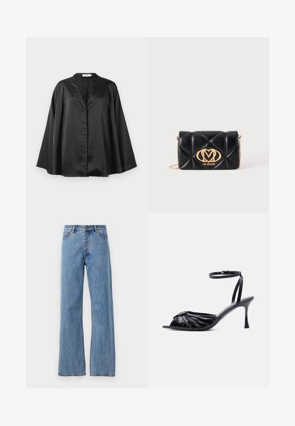 Blusa de seda negra con mangas largas y anchas y un cuello en V profundo, exhibida sobre un fondo blanco liso.; Jeans de tiro alto de pierna recta en azul claro, con botón frontal, cremallera y diseño de cinco bolsillos sobre un fondo blanco liso.; Sandalia de tacón alto de charol negro con puntera abierta, diseño fruncido en la parte frontal y correa ajustable en el tobillo con hebilla.; Bolso de mano negro acolchado de cuero con correa de cadena dorada y logotipo dorado de Love Moschino en el centro delantero.