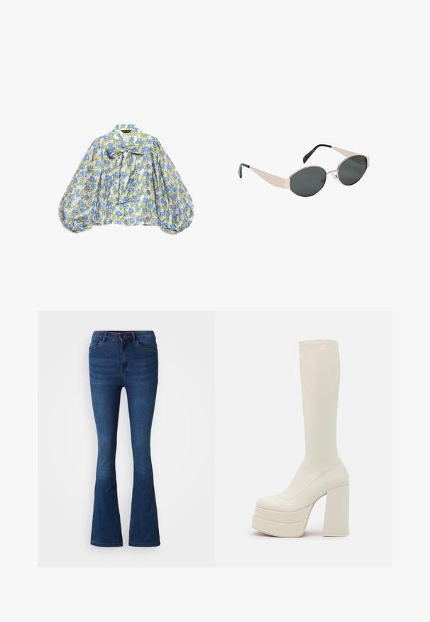 Blusa de manga larga con mangas abullonadas, escote con lazo y estampado floral azul sobre tela blanca.; Jeans de mezclilla de campana en azul oscuro con bolsillos delanteros y traseros, cierre de botón y cremallera, y detalles desgastados en los muslos y las rodillas.; Steve Madden CYPRESS - Botas con plataforma - off white; Gafas de sol elegantes con montura metálica en tono dorado, lentes ovaladas negras, patillas anchas y angulares, y puntas negras para las orejas.