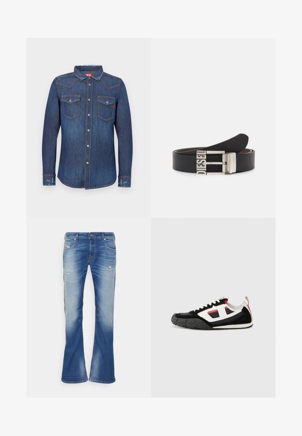 Camisa de mezclilla azul oscuro con mangas largas, cuello puntiagudo, dos bolsillos en el pecho, cierres con botones plateados y sutiles detalles desgastados.; Vaqueros bootcut desgastados en azul con ligero desgarro en los muslos delanteros y diseño clásico de cinco bolsillos sobre fondo blanco.; Diesel S PAGODHA LOW - Zapatillas - black; Cinturón de cuero negro con una hebilla de metal plateada que presenta el texto embossado "DIESEL". El diseño es elegante con una textura suave.