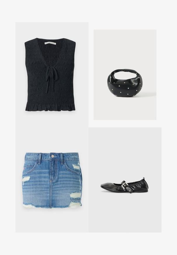 Zwart mouwloos top met een V-hals, geribbelde textuur, vooraan gestrikte detail en gerimpelde zoom. Gemaakt van een lichtgewicht, elastische stof.; Denim mini-jurk in lichtblauw met een versleten afwerking. Kenmerkt zich door een rafelige zoom, vervaagde delen en verschillende scheuren. Voorzijde met knoopsluiting en zakken.; Zwarte leren platte schoen met een spitse neus, geplooide details rond de opening en een zilveren gespaccentueerde verstelbare band.; Zwarte leren handtas met een afgeronde vorm, versierd met zilveren studs, en een korte handgreep. Gladde textuur en ritsluiting.