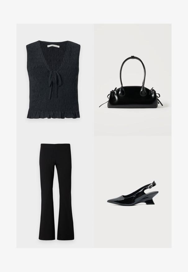 Haut noir sans manches avec encolure en V, texture froncée, détail de nouage à l'avant et ourlet à volants. Fabriqué à partir d'un tissu léger et élastique.; Pantalon noir évasé en tissu extensible. Texture lisse avec une taille ajustée et des jambes évasées. Aucun motif ou ornement visible.; Chaussure slingback en cuir verni noir avec bout pointu et petit talon bloc incliné sur fond clair uni.; Petit sac à main noir brillant avec deux longues anses et des détails à cordon sur les côtés sur un fond clair uni.