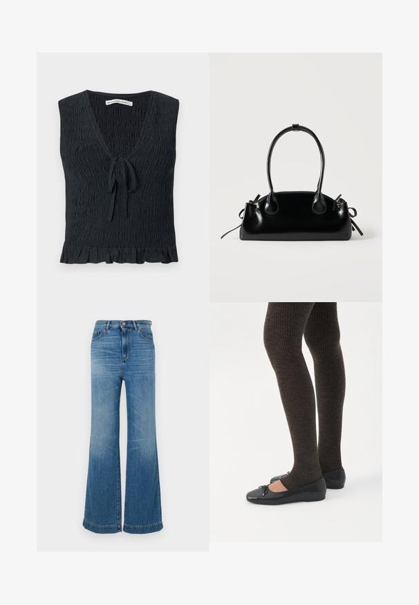 Must musta V-kaelusega top ilma varrukateta, kokku kootud tekstuuriga, esiköitega detaili ja volangiga äärega. Valmistatud kerge, elastse kangaga.; Heledad sinise värvi flare-jeans, mis on valmistatud denimmaterjalist, kõrge vöökoht, viie tasku disain ning monokromaatiline õmblus ja toorikäärmise serv.; Jalad seljas tumedad soonelises soonelises kombines mustade baleriinadega, millel on väikesed paelade detailid valgel taustal.; Väike must läikiv käekott kahe pika sangaga ja külgedel paelakinnitustega, ühel lihtsal helel taustal.