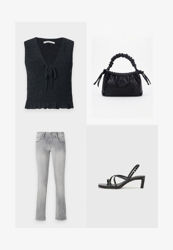 Haut noir sans manches avec encolure en V, texture froncée, détail de nouage à l'avant et ourlet à volants. Fabriqué à partir d'un tissu léger et élastique.; Jeans en denim gris avec une coupe ajustée, légèrement évasés à l'ourlet, deux poches avant et une fermeture à boutons. Texture délavée sur l'ensemble.; Sandale noire à lanières avec un bout carré et un petit talon bloc. Elle présente plusieurs fines lanières et une sangle de cheville ajustable. Fabriquée en cuir lisse.; Sac à main noir avec texture crocodile, bord supérieur froncé, poignée plissée et pompons à cordon de chaque côté sur fond blanc.