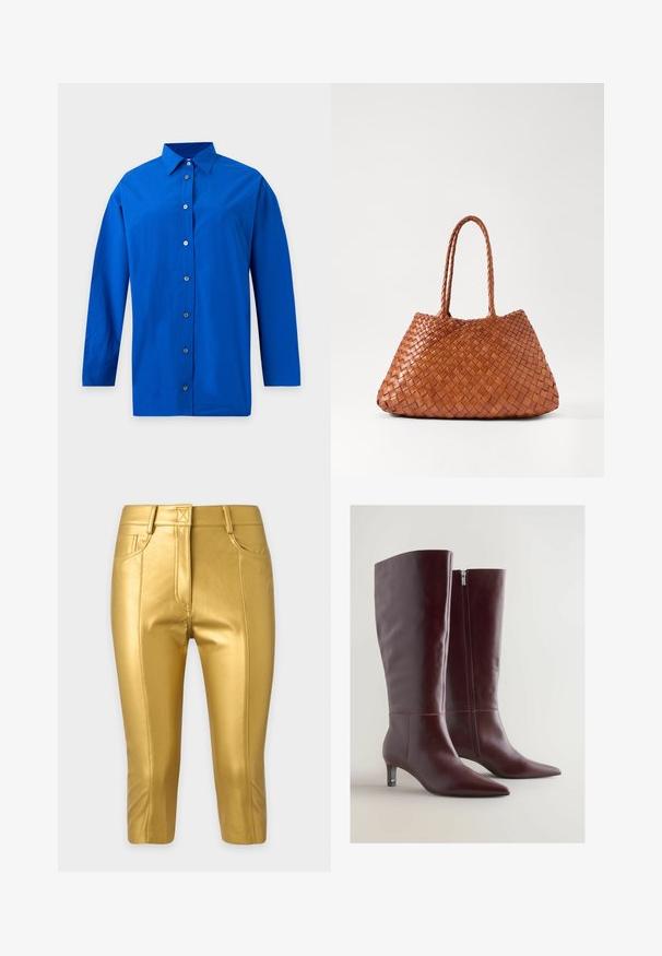 Langarmig koningsblauw overhemd met knopen en een puntkraag, getoond tegen een effen lichte achtergrond.; Glanzende gouden cropped broek met voorzakken, ceintuurlussen en zichtbare naaddetails op een effen lichte achtergrond.; Bordeaux leren laarzen tot aan de knie met een taps toelopende neus, decoratieve stiksels en een zijrits. Voorzien van een lage, slanke hak.; DRAGON DIFFUSION SANTA CROCE BIG - Handtas - tan