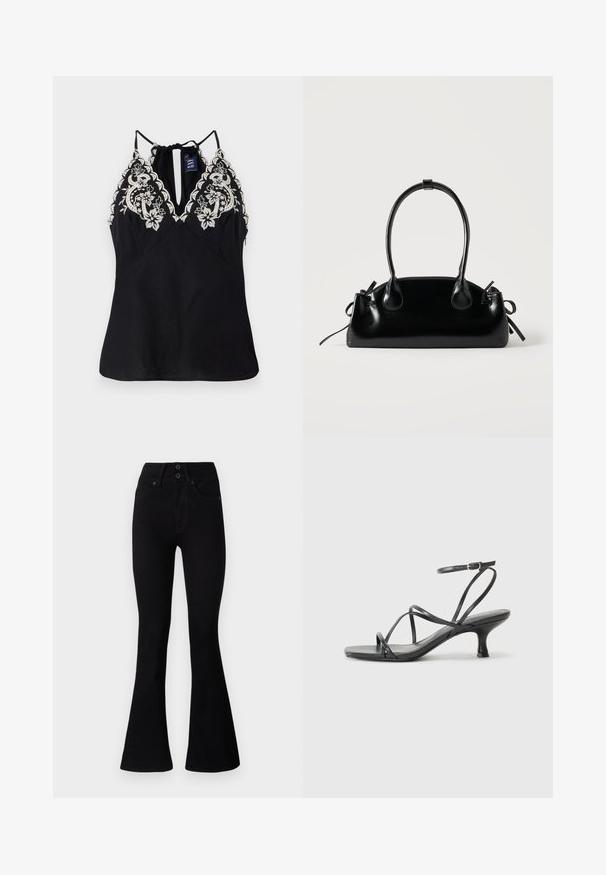 Sort ærmeløs top med en dyb udskæring, som har detaljeret hvid blomsterbroderi langs skuldrene og en binding på ryggen.; Pepe Jeans FLARE CONTOUR - Flared jeans - black denim; Sorte hælede sandaler med tynde stropper, åbent tådesign og en lille, flared hæl. Materialet ser glat og blankt ud.; Lille sort blank håndtaske med to lange håndtag og snøre-detaljer i siden på en ensfarvet lys baggrund.