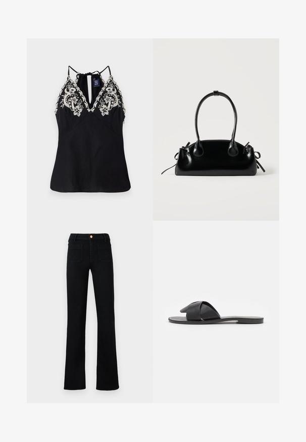 Haut sans manches noir avec un décolleté plongeant, ornée d'une broderie florale blanche délicate sur les épaules et d'un détail de lien à l'arrière.; Jean droit noir taille haute avec poches avant plaquées et fermeture à bouton en cuivre sur un fond neutre.; Sandale noire à enfiler avec des brides croisées. Fabriquée en cuir lisse avec une semelle plate et des coutures minimales. Design simple, à bout ouvert.; Petit sac à main noir brillant avec deux longues anses et des détails à cordon sur les côtés sur un fond clair uni.