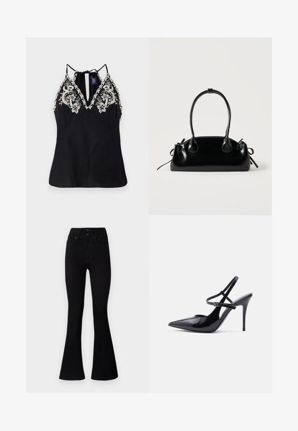 Zwarte mouwloze top met een diepe halslijn, voorzien van ingewikkelde witte bloemborduring langs de schouders en een strikdetail aan de achterkant.; Pepe Jeans FLARE CONTOUR - Flared Jeans - black denim; Zwart lakleren pumps met spitse neus, hoge naaldhakken en twee smalle verstelbare enkelbandjes, zijaanzicht.; Kleine zwarte glanzende handtas met twee lange hengsels en zijkant trekkoord details op een effen lichte achtergrond.