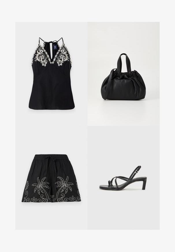 Schwarzes ärmelloses Oberteil mit einem tiefen Ausschnitt, das auf den Schultern mit aufwendiger weißer Blumenstickerei verziert ist und ein Rückensatteldetail aufweist.; Schwarze Baumwollshorts mit elastischem Bund und Kordelzug. Verziert mit weißen, gestickten Palmen-Designs entlang des Saums.; Schwarze Sandale mit Riemchen, quadratischer Zehenform und niedrigem Blockabsatz. Verfügt über mehrere dünne Riemen und einen verstellbaren Knöchelriemen. Hergestellt aus glattem Leder.; Schwarze Lederhandtasche mit einem gerafften Oberteil, ausgestattet mit zwei kurzen Griffen und einem langen verstellbaren Schulterriemen. Glatte Textur, runde Form.
