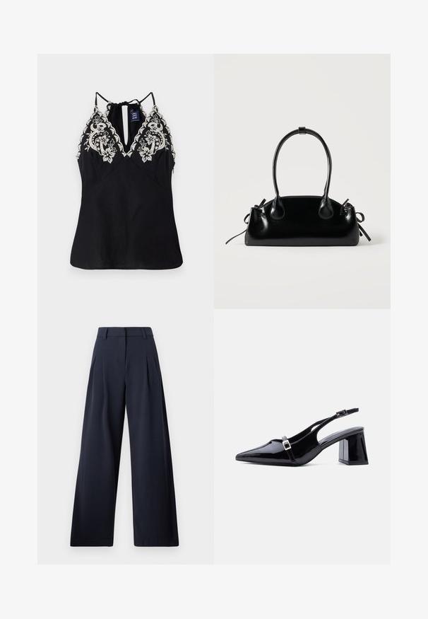 Haut sans manches noir avec un décolleté plongeant, ornée d'une broderie florale blanche délicate sur les épaules et d'un détail de lien à l'arrière.; Pantalons larges navy avec une texture lisse, présentant des plis avant et une taille classique, conçu pour un ajustement décontracté.; Escarpin à bride arrière en cuir verni noir, bout pointu, petit talon bloc bas, avec deux petites boucles argentées sur les brides.; Petit sac à main noir brillant avec deux longues anses et des détails à cordon sur les côtés sur un fond clair uni.