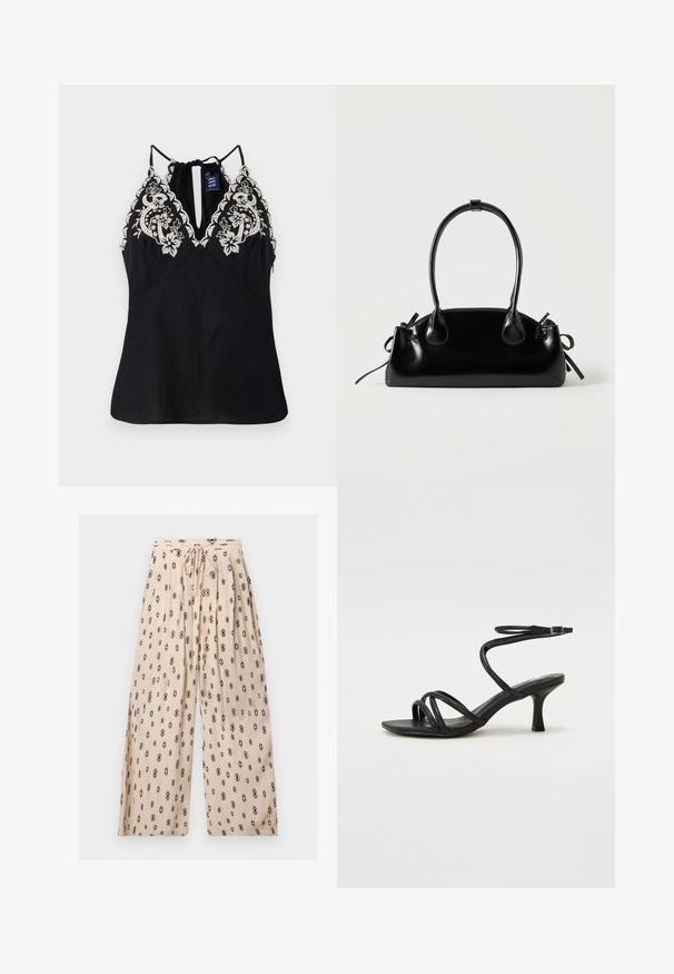 Haut sans manches noir avec un décolleté plongeant, ornée d'une broderie florale blanche délicate sur les épaules et d'un détail de lien à l'arrière.; Pantalon beige à jambes larges avec imprimé géométrique noir, taille élastique et cordon de serrage à l'avant avec embouts dorés.; Even&Odd Wide Fit Sandales - black; Petit sac à main noir brillant avec deux longues anses et des détails à cordon sur les côtés sur un fond clair uni.