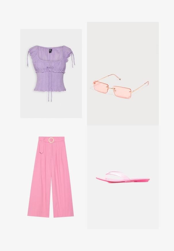 BDG Urban Outfitters NOVA ROUCHED BLOUSE
- Bluse - lilac; Rosa brede bukser med høj talje, der har et bælte med en cirkulær træspænde og folder for tekstur.; Transparent pink flad sandal med en enkelt bred rem, der krydser toppen, vist fra siden på en hvid baggrund.; Rektangulære, lyserøde kantløse solbriller med tynde, gyldne metalstel og justerbare næsepuder på en enkel lys baggrund.
