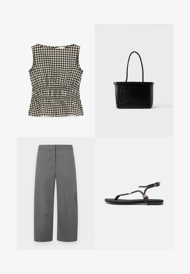 Ærmeløs sort-hvid gingham ternet bluse med elastisk talje og rund halsudskæring, set bagfra.; Grå skræddersyede bukser med et lige, vidbenet design. Glat tekstur, minimal syning og uden synlige lommer eller pynt.; Sorte flade sandaler med flettede stropper og en metallisk detalje. Har en justerbar spænde og flad gummisål for komfort.; Sort vævet håndtaske med en rektangulær bund og to lange flettede håndtag, vist mod en ensartet lys baggrund.