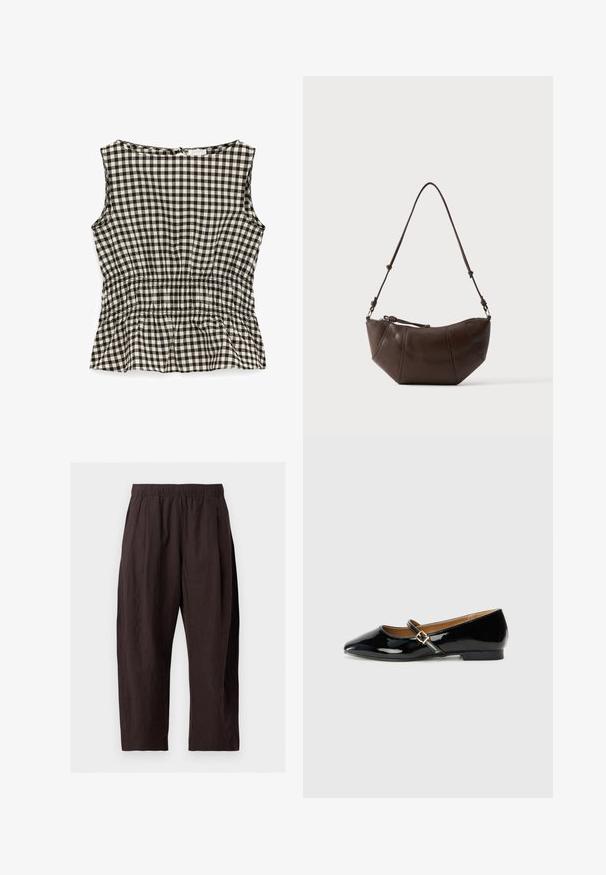Ærmeløs sort-hvid gingham ternet bluse med elastisk talje og rund halsudskæring, set bagfra.; Løse, mørkebrune bukser med elastik i taljen og lige ben, vist mod en ensfarvet lys baggrund.; Sorte patenterede lædersko med spids tå, ankelrem med en guldfarvet spænde og en lav blokhæle. Glat, skinnende overflade.; Brun læder skuldertaske med buet bund og justerbar rem mod en ensfarvet lys baggrund.