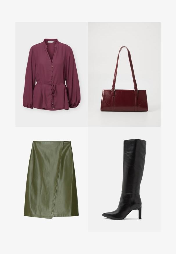 Blouse prune à manches longues avec col mandarin, boutons dorés sur le devant et ceinture à la taille, avec un ourlet légèrement évasé et des poignets froncés.; Jupe mini en simili cuir vert olive avec un design en enveloppe diagonal, texture lisse et coutures soignées le long des bords.; Bottes noires en cuir à talons aiguilles, montant jusqu'au genou, avec une pointe fine et une texture lisse. Le talon est de style bloc, ajoutant de la stabilité au design.; Sac à main bordeaux en matériau brillant, de forme rectangulaire, avec deux anses et des accents légèrement courbés à l'avant.