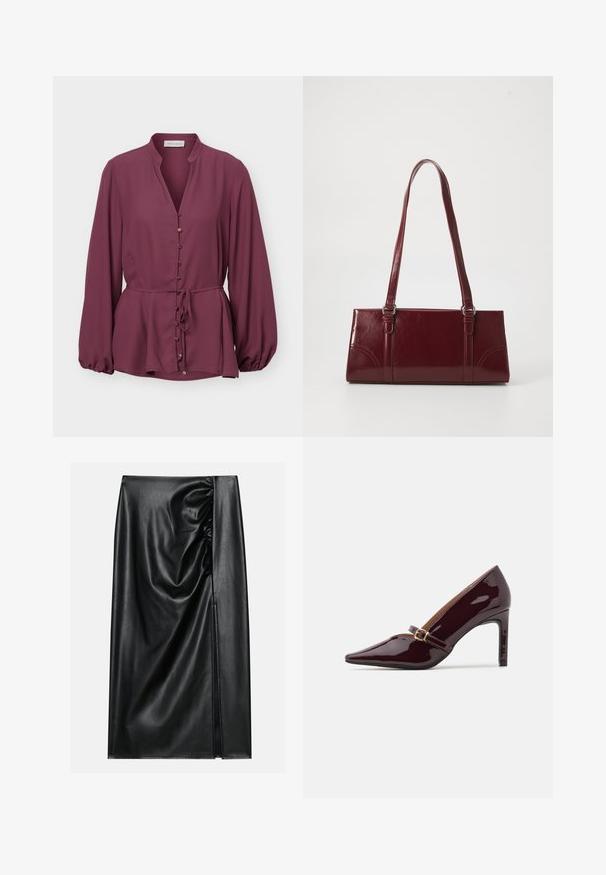 Langarm pruimenblouse met mandarijnkraag, gouden knopen aan de voorkant en een taillekoord, voorzien van een iets uitlopende zoom en gerimpelde manchetten.; Zwarte leren rok met een soepele textuur, voorzien van een geplooid gedeelte aan één kant en een zijspleet voor extra detail.; Patente bordeaux hoge hak schoen met puntige neus, enkelsluitle met gouden hardware en een strakke, gepolijste afwerking. Verhoogde stiletto hak.; Bourgondische handtas van glanzend materiaal, rechthoekige vorm, met twee schouderbanden en subtiele gebogen accenten aan de voorkant.