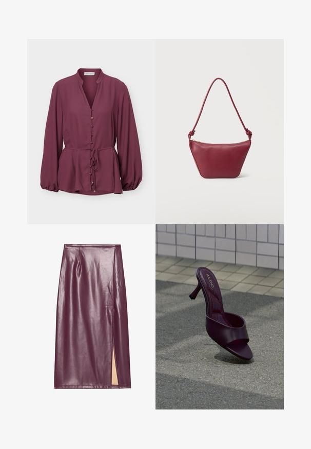 Blouse prune à manches longues avec col mandarin, boutons dorés sur le devant et ceinture à la taille, avec un ourlet légèrement évasé et des poignets froncés.; Jupe crayon en simili cuir bourgogne avec une fente sur le côté, texture lisse et détails de couture, présentant une silhouette ajustée et une coupe à la longueur des genoux.; Une seule sandale à talon haut ouverte à l’orteil de couleur violet foncé, debout sur un trottoir gris près d’un mur carrelé.; Petit sac à bandoulière en cuir marron foncé avec bandoulière nouée et fermeture éclair supérieure, sur un fond clair uni.