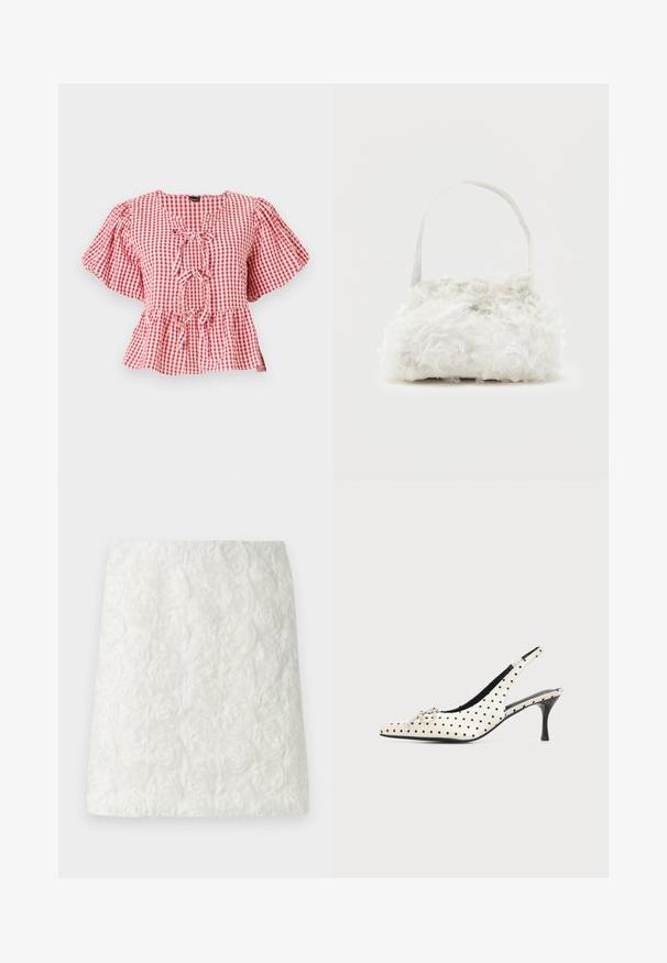 Rood-wit geruite blouse met puffmouwen, een strikdetail bij de hals en een peplum-zoom. Gemaakt van lichtgewicht stof.; Witte mini-jurk met een gestructureerd oppervlak en verhoogde bloemmotieven die op rozen lijken, gemaakt van lichtgewicht stof.; Witte leren slingback hoge hak schoen met zwarte polkadots en een kleine decoratieve strik op de puntige neus tegen een effen achtergrond.; Kleine witte handtas met stoffen rozen die het geheel bedekken en een dunne, enkele band als handvat, op een effen achtergrond.