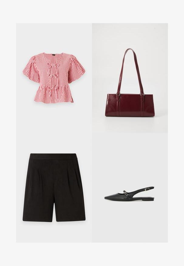 Rot-weißer karierter Bluse mit Puffärmeln, einer Krawattendetail am Hals und einem Peplum-Saum. Hergestellt aus leichtem Material.; Schwarze Shorts aus weichem Stoff mit einer glatten Textur, elastischem Bund und gefaltetem Vorderdesign. Einfach und schmucklos.; Schwarze Slingback-Schuhe aus Leder mit spitzer Zehenpartie, schmalem Riemen und silberner Schnallenverzierung an der Seite. Flache Sohle.; Burgunderfarbene Handtasche aus glänzendem Material, rechteckige Form, mit zwei Schulterriemen und subtilen, geschwungenen Akzenten an der Vorderseite.