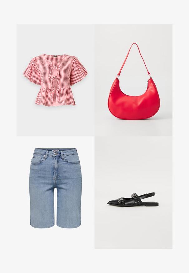 Rød og hvid tjekket bluse med puffede ærmer, en bånddetalje ved halsen og en peplum-nederdel. Lavet af letvægtsstof.; Lyseblå denimshorts med forlommer, bæltestropper, en metalknap og en lynlåslukning.; Even&Odd Slingback-ballerinasko - black; Rød syntetisk læder skuldertaske med en buet form, slank rem og lynlås lukning. Glat tekstur med synlige syninger.