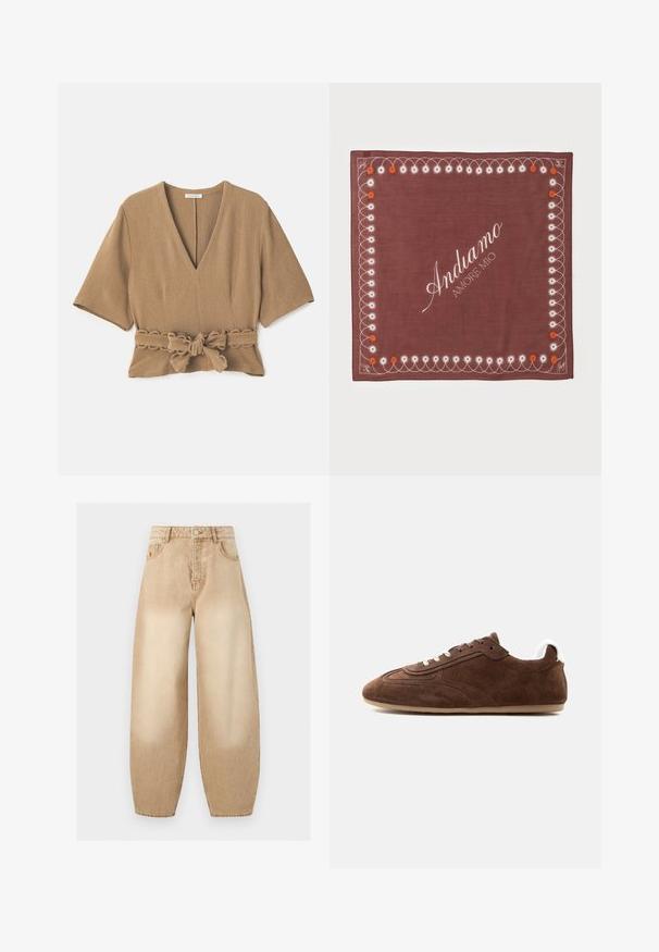 Blouse texturée marron avec un décolleté en V profond, des manches courtes et un détail de ceinture nouée à la taille, présentant un bord ondulé sur la ceinture.; Jean beige taille haute à jambes larges avec poches avant, passants de ceinture, un bouton et des détails de couture visibles.; Sneakers basses en daim marron avec des lacets blancs et une languette blanche au talon sur une semelle beige clair, montrés de profil gauche.; Écharpe carrée couleur rouille avec bordure de fleurs blanches et orange et texte en cursive blanche « Andiamo Amore Mio » au centre.